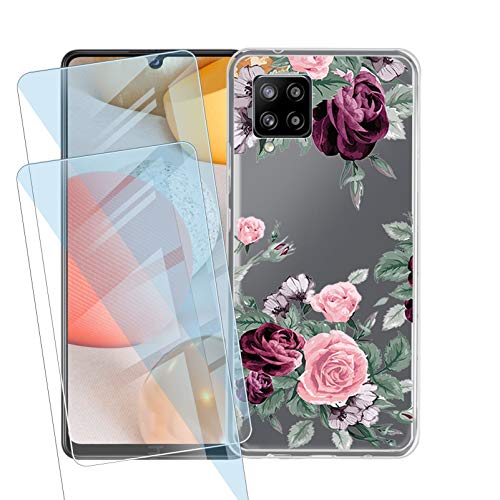 JIENI Hülle Für Samsung Galaxy A42 5G (6.60") + 2 Stück gehartet glas Schutzfolie,Weiche Silikon Handyhülle,Schutzhülle Anti-Scratch Handytasche,TPU Cover+Gehärtetes Glas-Rote Rose von JIENI