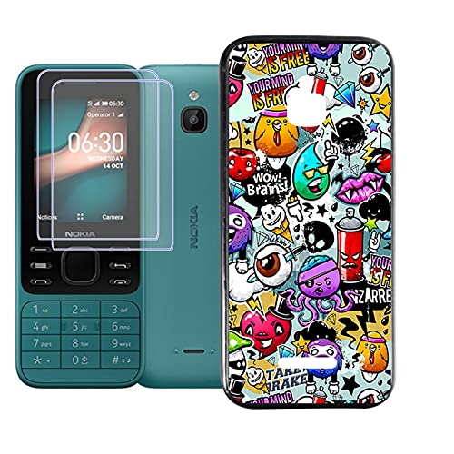 JIENI Hülle für Nokia 6300 4G (2.4") + 2 Stück gehartet Glas Schutzfolie,Weiche Silikon Handyhülle,Schutzhülle Anti-Scratch Handytasche,Schwarz TPU Cover + Gehärtetes Glas - Karikatur von JIENI