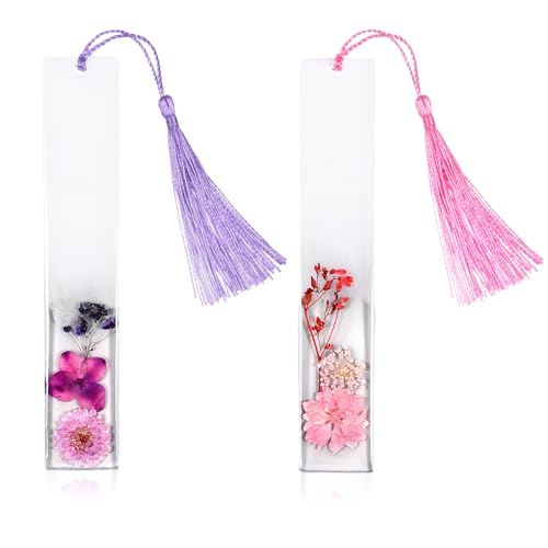 JIEYAO 2 Stück Getrocknete Blumen Lesezeichen mit Quaste, Klare Blumen Lesezeichen aus Harz Personalisiert Bookmark Gepresste Blumen Lesezeichen Geschenke für Lehrer Schüler Leser Geburtstags von JIEYAO