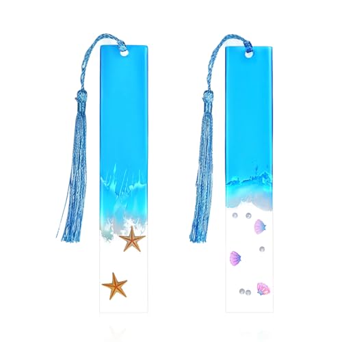 JIEYAO 2 Stück Marine-Stil Lesezeichen mit Quaste, Seestern Muschel Lesezeichen aus Harz Personalisiert Bookmark Blau Lesezeichen Geschenke für Lehrer Schüler Leser Geburtstags von JIEYAO