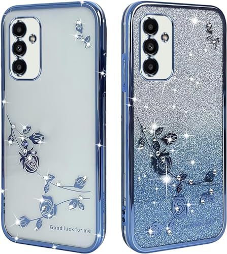 JIEZUIMEI Blume Design case Hülle für Samsung Galaxy A14 5G Transparent Handyhülle Stoßfest schutzhülle Blume Design, für Bling Glitter Handyhülle Ultradünn für Frauen Mädchen Blau von JIEZUIMEI