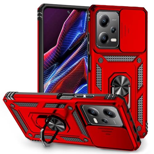 JIEZUIMEI Hülle für Xiaomi Redmi Note 12 PRO 5G / X5 PRO 5G Handyhülle mit Slide Camera, 360 Grad Metal Ring Halter Standard [360° Ring Magnetische Autohalterung] Stoßfest Schutzhülle Rot von JIEZUIMEI