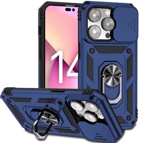 JIEZUIMEI Hülle für iPhone 14 Pro Max 6.7 Handyhülle mit Slide Camera, 360 Grad Metal Ring Halter Standard [360° Ring Magnetische Autohalterung] Stoßfest Schutzhülle für iPhone 14 Pro Max 6.7 Marine von JIEZUIMEI