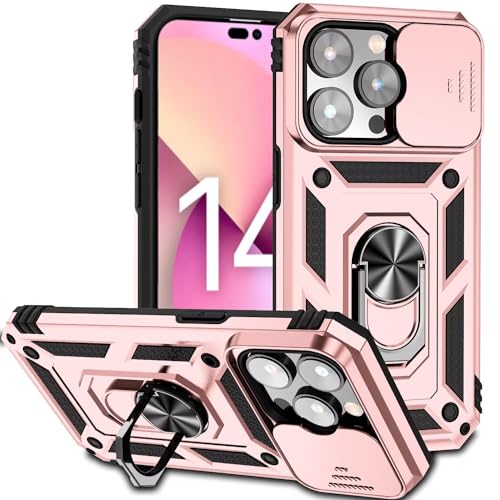 JIEZUIMEI Hülle für iPhone 14 Pro Max 6.7 Handyhülle mit Slide Camera, 360 Grad Metal Ring Halter Standard [360° Ring Magnetische Autohalterung] Stoßfest Schutzhülle für iPhone 14 Pro Max 6.7 Rosegold von JIEZUIMEI