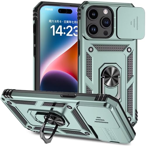 JIEZUIMEI Hülle für iPhone 15 Max 6.7 Handyhülle mit Slide Camera, 360 Grad Metal Ring Halter Standard [360° Ring Magnetische Autohalterung] Stoßfest Schutzhülle für iPhone 15 Max 6.7 Dunkelgrün von JIEZUIMEI