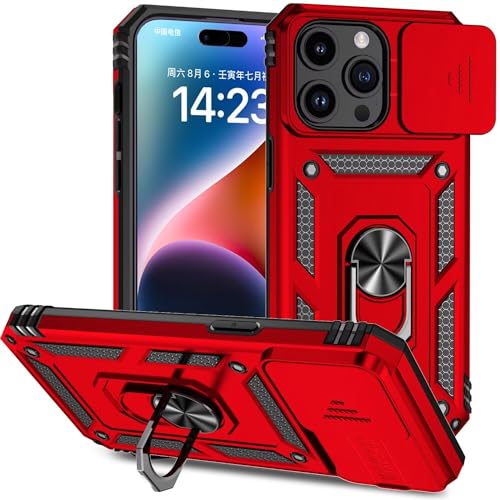 JIEZUIMEI Hülle für iPhone 15 Pro Max 6.7 Handyhülle mit Slide Camera, 360 Grad Metal Ring Halter Standard [360° Ring Magnetische Autohalterung] Stoßfest Schutzhülle für iPhone 15 Pro Max 6.7 Rot von JIEZUIMEI