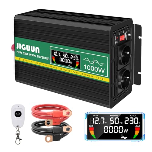 JIGUUN 1000W Wechselrichter Reiner Sinus Spannungswandler 12v 230v Inverter mit 2 EU Steckdosen& 2.1A USB Ausgang，Kabellose Fernbedienung und LCD-Anzeige Spitzenleistung 2000W für LKW Camping Notfall von JIGUUN