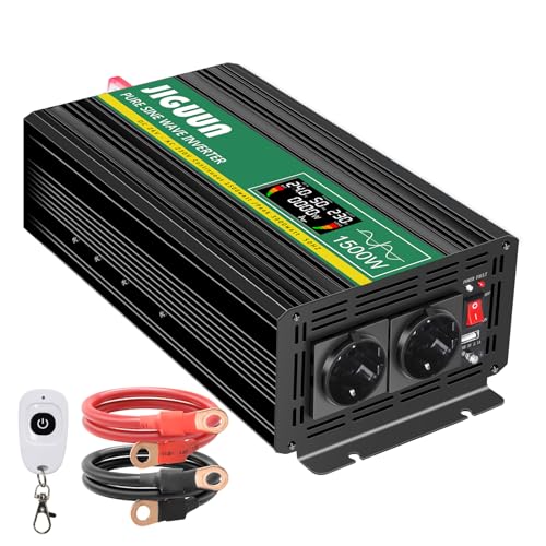 JIGUUN 1500W Wechselrichter Reiner Sinus Spannungswandler 24V 230V Inverter mit 2 EU Steckdosen& 2.1A USB Ausgang，Kabellose Fernbedienung und LCD-Anzeige Spitzenleistung 3000W für LKW Camping Notfall von JIGUUN