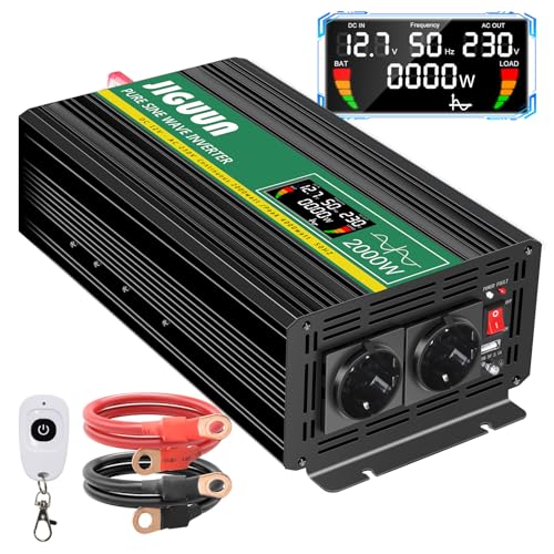 JIGUUN 2000W Wechselrichter Reiner Sinus Spannungswandler 12V 230V Inverter mit 2 EU Steckdosen& 2.1A USB Ausgang，Kabellose Fernbedienung und LCD-Anzeige Spitzenleistung 4000W für LKW Camping Notfall von JIGUUN