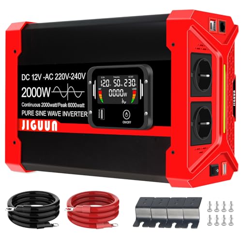 JIGUUN 2000W Wechselrichter 12V Auf 230V Reiner Sinus Spannungswandler mit LCD-Anzeige,Abnehmbare Fernbedienung,2 EU Steckdosen,3 USB+1 Type-C,Spitzenleistung 6000W JIGUUN 2000W Wechselrichter 12V Auf 230V Reiner Sinus Spannungswandler mit LCD-Anzeige,Abnehmbare Fernbedienung,2 EU Steckdosen,3 USB+1 Type-C,Spitzenleistung 6000W von JIGUUN
