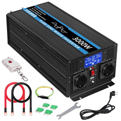 JIGUUN 3000W Wechselrichter Reiner Sinus Spannungswandler 12v 230v Mit 30A-Ladegerät und Netzvorrangschaltung und USV, 2 EU Steckdosen,Kabellose Fernbedienung und LCD-Anzeige JIGUUN 3000W Wechselrichter Reiner Sinus Spannungswandler 12v 230v Mit 30A-Ladegerät und Netzvorrangschaltung und USV, 2 EU Steckdosen,Kabellose Fernbedienung und LCD-Anzeige von JIGUUN