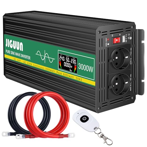 JIGUUN 3000W Wechselrichter Reiner Sinus Spannungswandler 24V 230V Inverter mit 2 EU Steckdosen& 2.1A USB Ausgang,Kabellose Fernbedienung und LCD-Anzeige Spitzenleistung 6000W für LKW Camping Notfall von JIGUUN