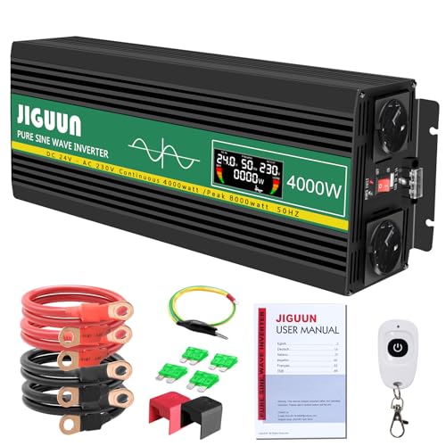 JIGUUN 4000W Wechselrichter Reiner Sinus Spannungswandler 24V 230V Inverter mit 2 EU Steckdosen& 2.1A USB Ausgang，Kabellose Fernbedienung und LCD-Anzeige Spitzenleistung 8000W für LKW Camping Notfall von JIGUUN