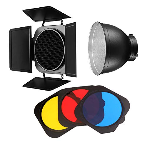JINBEI LED-Video-Lichtmodifikator für Scheunentür mit Wabenraster, Bowens-Halterung, 3 Farbfilter-Gele mit 20 cm Standard-Reflektor-Zubehör-Set für professionelle Studio-Fotografie (blau, gelb, rot) von JINBEI