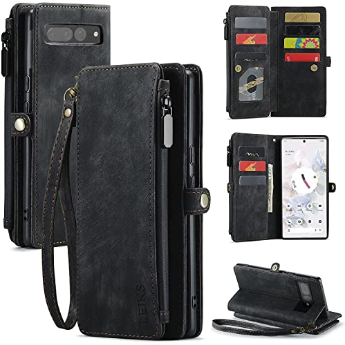 JGY Hülle für Pixel 7, Google Pixel 7 Wildleder Leder Wallet Case mit Reißverschluss Kartenhalter Schlüsselband Pixel 7 Geldbörse Handtasche Magnetische Brieftasche für Frauen (Pixel 7, schwarz) von JINGANGYU