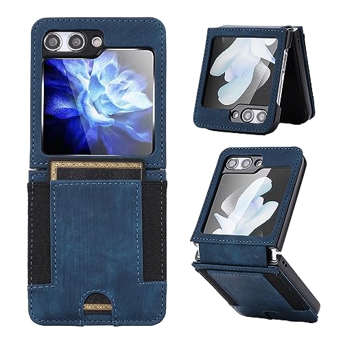 JGY Samsung Z Flip 5 Hülle Leder Brieftasche, Z Flip 5 Wallet Case mit Scharnierschutz Kartenfächer PU Leder Kartenhalter Robust rutschfest Ganzkörper Fallschutz Back Case für Z Flip 5 (Blau) von JINGANGYU