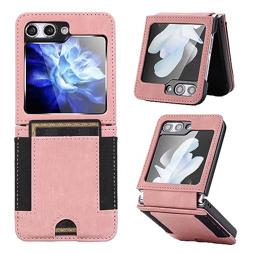 JGY Samsung Z Flip 5 Hülle Leder Brieftasche, Z Flip 5 Wallet Case mit Scharnierschutz Kartenfächer PU Leder Kartenhalter Robust rutschfest Ganzkörper Fallschutz Back Case für Z Flip 5 (Pink) von JINGANGYU