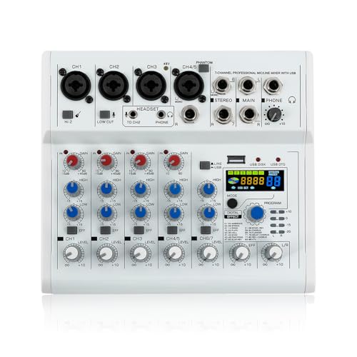 7-Kanal-Studio-Audio-Mixer, Stereo Sound Mischkonsole, Mischpult mit USB Bluetooth, Anzeige, 88 Arten von DPS Digitalen Effekten für Recording DJ Stage Karaoke Bars Aufnahmestudios, 48V Phantom Power( von JINPRDAMZ