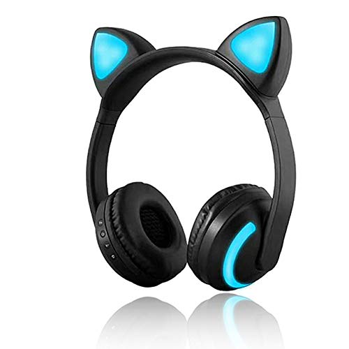 Kabelloser Bluetooth-Kopfhörer, Katzenohren, LED-Licht, blinkend, Stereo-Headset, kompatibel mit Smartphones, PC, Tablet, 7 Farben von JINSERTA