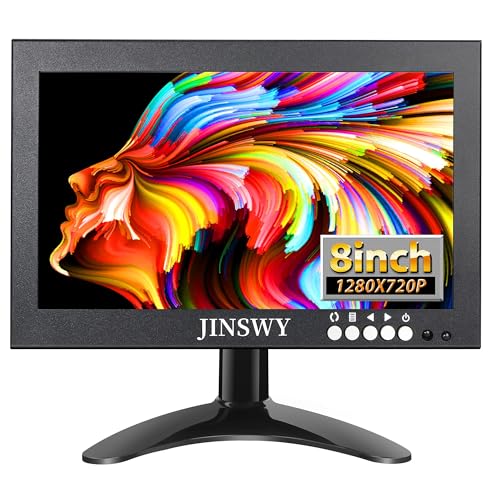 JINSWY Kleiner HDMI-Monitor, 20,3 cm (8 Zoll), Sicherheitsmonitor, 1280 x 720, 16:9, IPS, Metall, tragbarer Mini-CCTV-Monitor, unterstützt HDMI/VGA/AV/BNC-Eingang, Fernbedienung, Lautsprecher von JINSWY
