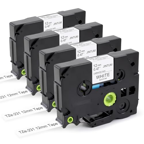 JINTUM 4X TZe-231 Kompatibel mit Brother P-Touch Label Maker Bänder 12mm 0.47 Schwarz auf Weiß, TZ Tape 12mm 0.47 für Brother H100 PT-H100LB PT-H100R PT-H105 PT-H107B PT-D210 PT-D400 PT-D410 von JINTUM