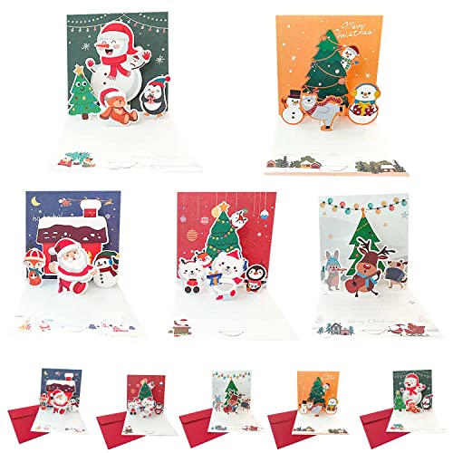 JINXIAN 5 Stück Pop Up Karte Weihnachtskarten Weihnachten 3D Grußkarte Jeweils mit Umschlag und Aufkleber für Handgemachte Glückwunschkarte Familie Freunde Weihnachtsgrüße von JINXIAN