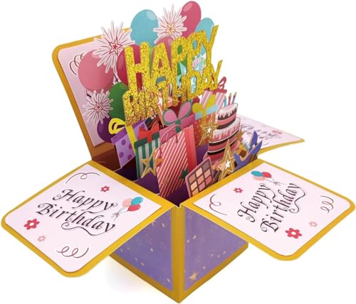 3D Geburtstagskarte, Pop Up Karte Geburtstag mit Umschlag Happy Birthday Karte 3D, lustige Geburtstagsgeschenke für Kinder Mama Papa Frauen Männer Freunden Kollegen (Lila) von JIOLINK