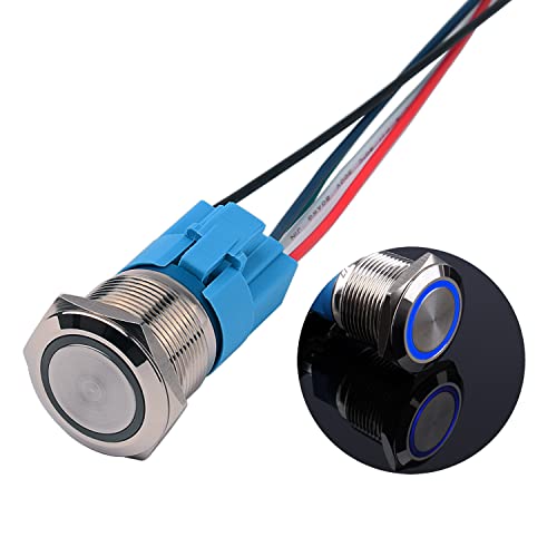 JIQI 22mm 12V bis 24V 5A Verriegelung Druckschalter Metall Rastend EIN/AUS Schalter mit LED Licht IP66 1NO1NC Selbsthemmende wasserdichte vorverdrahte Druckknopfschalter für Van KFZ DIY Motorrad(Blau) von JIQI