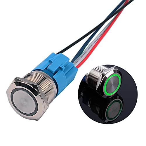 JIQI 22mm 12V bis 24V 5A Verriegelung Druckschalter Metall Rastend EIN/AUS Schalter mit LED Licht IP66 1NO1NC Selbsthemmende wasserdichte vorverdrahte Druckknopfschalter für Van KFZ DIY Motorrad(Grün) von JIQI