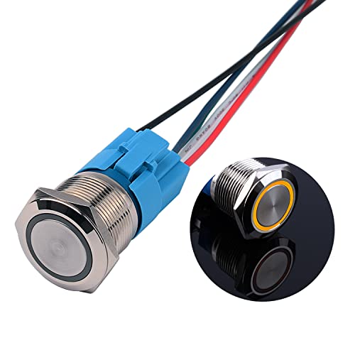 JIQI 22mm Momentane Metall Druckschalter 12V bis 24V 5A Momentary LED Tastenschalter IP66 1NO1NC wasserdichte vorverdrahte EIN/AUS Taste Schalter für Fahrzeugmodifikation Wohnmobil DIY(Gelb) von JIQI