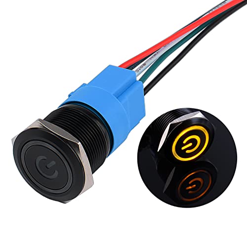 JIQI 22mm Momentane wasserdichte Druckschalter 12V bis 24V 5A EIN/AUS Taste Schalter mit LED Beleuchtung Schwarzes Metallgehäuse vorverdrahte Momentary Drucktaster für KFZ DIY Auto Motorrad(Gelb) von JIQI