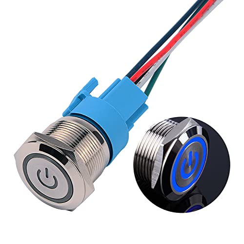 JIQI 22mm Selbstsperrend Metall Druckschalter 12V bis 24V 5A Latching EIN/AUS Schalter mit blauem LED Symbol IP66 1NO1NC Rastende wasserdichte vorverdrahte Drucktastenschalter für Boot LKW RV Auto von JIQI