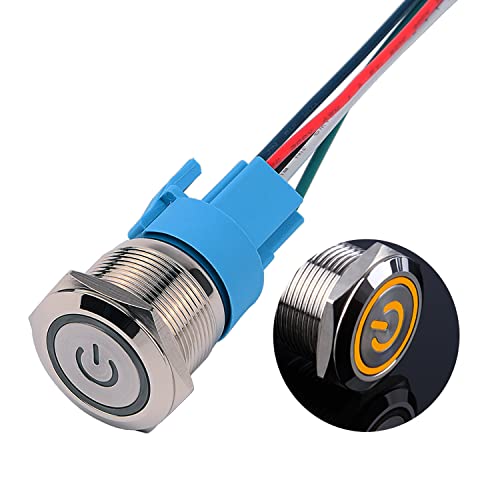JIQI 22mm Selbstsperrend Metall Druckschalter 12V bis 24V 5A Latching EIN/AUS Schalter mit gelbem LED Symbol IP66 1NO1NC Rastende wasserdichte vorverdrahte Drucktastenschalter für Boot LKW RV Auto von JIQI
