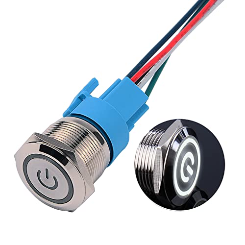 JIQI 22mm Selbstsperrend Metall Druckschalter 12V bis 24V 5A Latching EIN/AUS Schalter mit weißem LED Symbol IP66 1NO1NC Rastende wasserdichte vorverdrahte Drucktastenschalter für Boot LKW RV Auto von JIQI