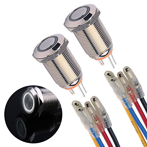 JIQI 2× 12mm 12V bis 24V 2A selbsthaltend wasserdicht Druckschalter Rastend Druckknopf aus Metall Latch EIN/AUS Schalter mit LED Kontrollleuchte IP66 1NO Latching Button Switch für Boot LKW Auto(Weiß) von JIQI