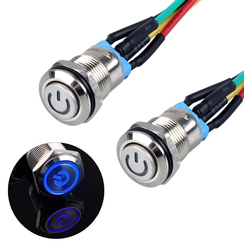 JIQI 2× 12mm Latching Druckschalter Metall 12V bis 24V 2A einrastend EIN/AUS Schalter mit blauem LED Symbol IP66 1NO Selbstsichernde wasserdichte Druckknopf Taster für Boot LKW RV Auto (hoher Kopf) von JIQI