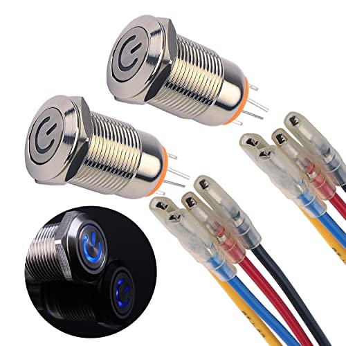 JIQI 2× 12mm Latching Druckschalter Metall 12V bis 24V 2A einrastend EIN/AUS Schalter mit blauem LED Symbol IP66 1NO Selbstsichernde wasserdichte Druckknopf Taster für Boot LKW RV Auto von JIQI