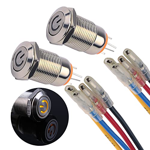JIQI 2× 12mm Latching Druckschalter Metall 12V bis 24V 2A einrastend EIN/AUS Schalter mit gelbem LED Symbol IP66 1NO Selbstsichernde wasserdichte Druckknopf Taster für Boot LKW RV Auto von JIQI