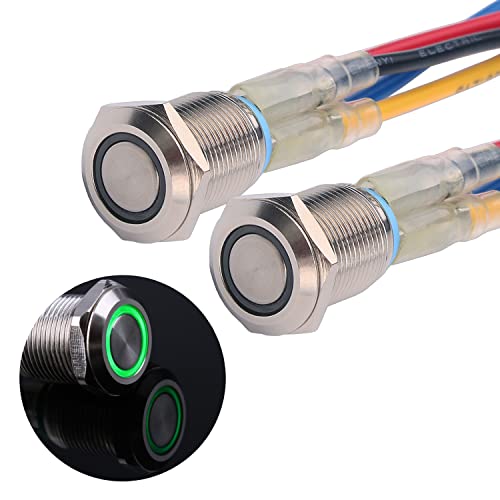 JIQI 2× 12mm Momentane Metall Druckschalter 12V bis 24V 2A Momentary Push Button Switch mit LED-Leuchte IP66 1NO Tastende wasserdichte Taster Drucktaster für Boot LKW RV Auto(Grün) von JIQI