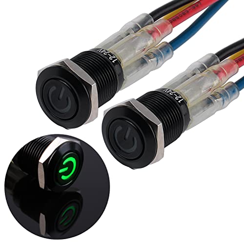 JIQI 2× 12mm Momentane wasserdichte Druckschalter 12V bis 24V 2A IP66 Taster mit LED Beleuchtung Schwarzes Metallgehäuse Momentary Drucktaster mit Verbindungsverdrähten für KFZ DIY Auto Motorrad(Grün) von JIQI