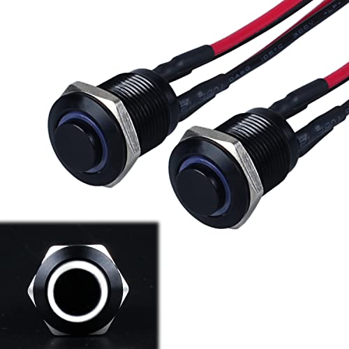 JIQI 2× 12mm Momentary Druckschalter 12V bis 24V 2A Wasserdichte Taster Schalter aus Metall IP66 1NO Momentan schwarze Druckknopf mit LED Leuchte Verbindungsverdrähten für Motorrad (hoher Kopf, Weiß) von JIQI