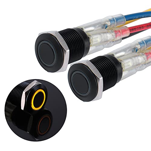 JIQI 2× 12mm Momentary Druckschalter 12V bis 24V 2A Wasserdichte Taster Schalter aus Metall IP66 1NO Momentan schwarze Druckknopf mit LED Leuchte Verbindungsverdrähten für Motorrad Boot LKW RV (Gelb) von JIQI