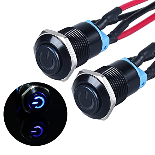 JIQI 2× 12mm Rastend wasserdicht Druckschalter 12V bis 24V 2A IP66 Latching Push Button mit LED Power Symbol einrastend EIN/AUS Schalter aus Metall schwarz Drucktastenschalter(hoher Kopf, Blau) von JIQI