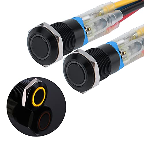 JIQI 2× 12mm Verrieglung Druckschalter 12V bis 24V 2A wasserdicht selbsthaltend schwarz Druckknopfschalter aus Metall LED Beleuchtet Latch EIN/AUS Schalter mit IP66 1NO für Motorrad Boot LKW RV (Gelb) von JIQI