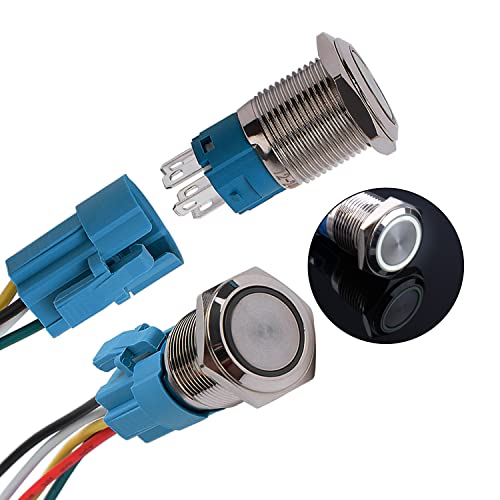 JIQI 2× 16mm 12V bis 24V 3A Verriegelung Druckschalter Metall Rastend EIN/AUS Schalter mit LED Licht IP66 1NO1NC Selbsthemmend wasserdicht vorverdraht Druckknopfschalter für Van KFZ DIY Motorrad(Weiß) von JIQI