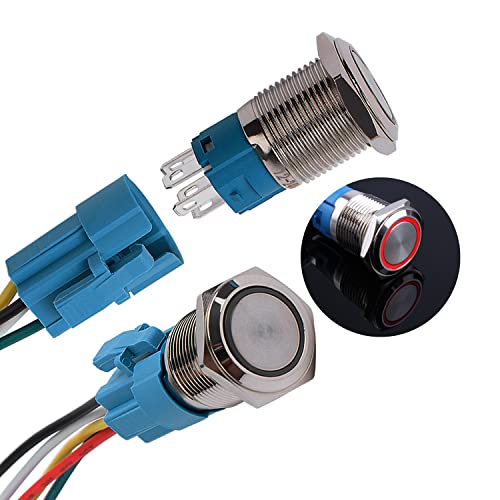 JIQI 2× 16mm 12V bis 24V 3A Verriegelung Druckschalter Metall Rastend EIN/AUS Schalter mit LED Licht IP66 1NO1NC Selbsthemmend wasserdicht vorverdraht Druckknopfschalter für Van KFZ DIY Motorrad(Rot) von JIQI