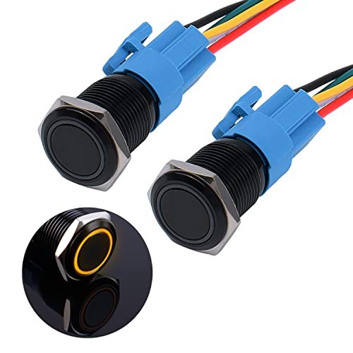 JIQI 2× 16mm Momentan wasserdicht Druckschalter 12V bis 24V 3A EIN/AUS Taste Schalter mit LED Beleuchtung Schwarzes Metallgehäuse IP66 1NO1NC vorverdrahte Momentary Drucktaster für KFZ DIY Auto(Gelb) von JIQI