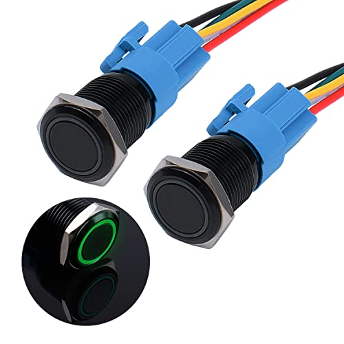JIQI 2× 16mm Momentan wasserdicht Druckschalter 12V bis 24V 3A EIN/AUS Taste Schalter mit LED Beleuchtung Schwarzes Metallgehäuse IP66 1NO1NC vorverdrahte Momentary Drucktaster für KFZ DIY Auto(Grün) von JIQI