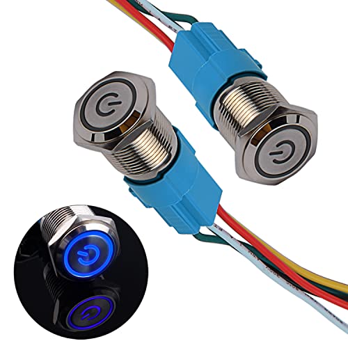 JIQI 2× 16mm Momentane Metall Druckschalter 12V bis 24V 3A Momentary LED Tastenschalter IP66 1NO1NC wasserdicht vorverdraht EIN/AUS Taste Schalter für Fahrzeugmodifikation Wohnmobil(Blau/Power Symbol) von JIQI