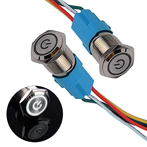 JIQI 2× 16mm Momentane Metall Druckschalter 12V bis 24V 3A Momentary LED Tastenschalter IP66 1NO1NC wasserdicht vorverdraht EIN/AUS Taste Schalter für Fahrzeugmodifikation Wohnmobil(Weiß/Power Symbol) von JIQI